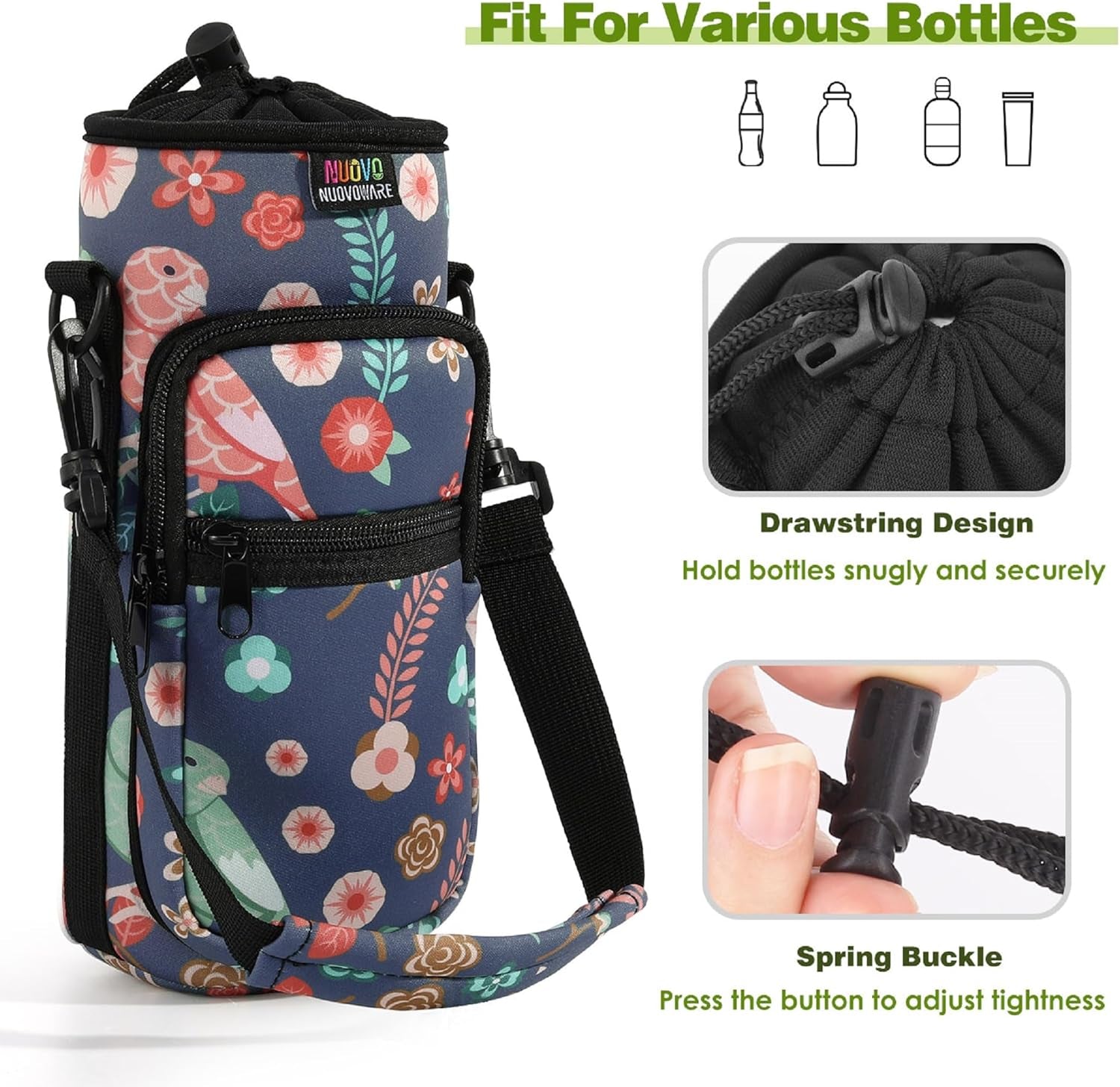 Water Bottle Carrier Bag, 25Oz/32Oz Bottle Pouch Holder, Adjustable Shoulder Hand Strap 2 Pocket Sling Neoprene Sleeve Sports Water Bottle Accessories for Hiking Travelling Camping